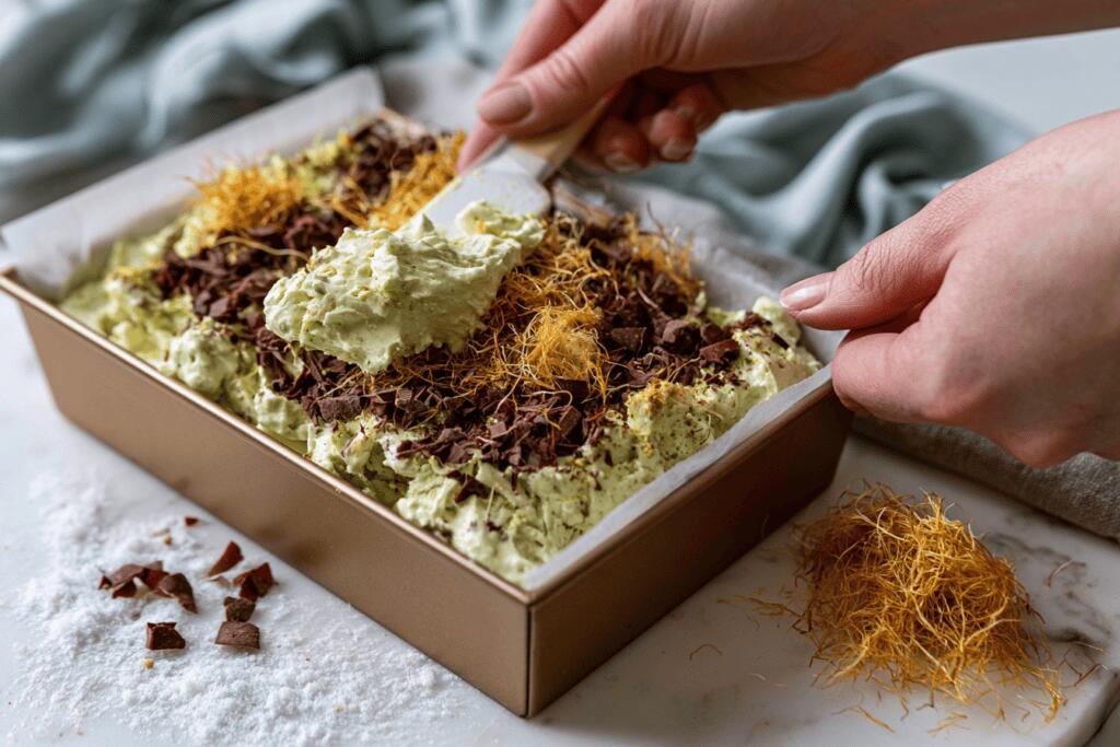 Layering the pistachio gelato base with kataifi and dark chocolate in a loaf pan
