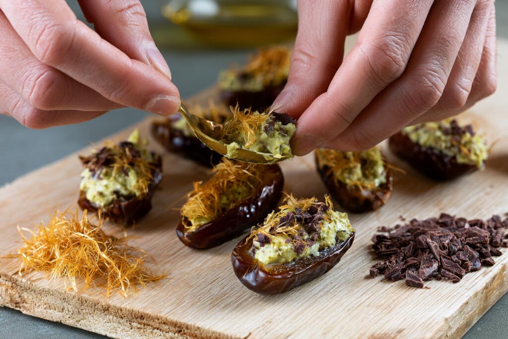 Stuffing Medjool dates with pistachio kataifi protein filling