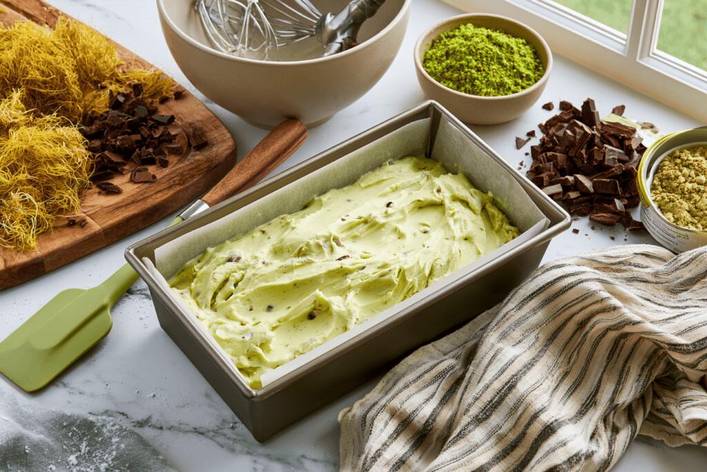 Preparing Dubai chocolate pistachio gelato — loaf pan, tools and ingredients arranged on the counter