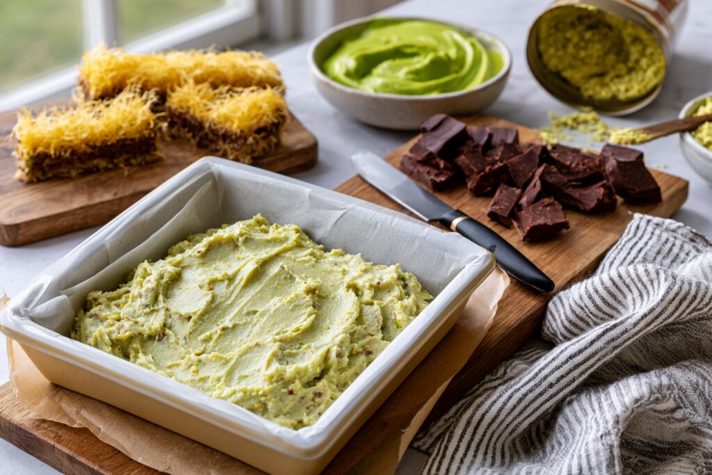 Preparing Dubai chocolate protein bars — square pan, pistachio filling, kataifi and tools