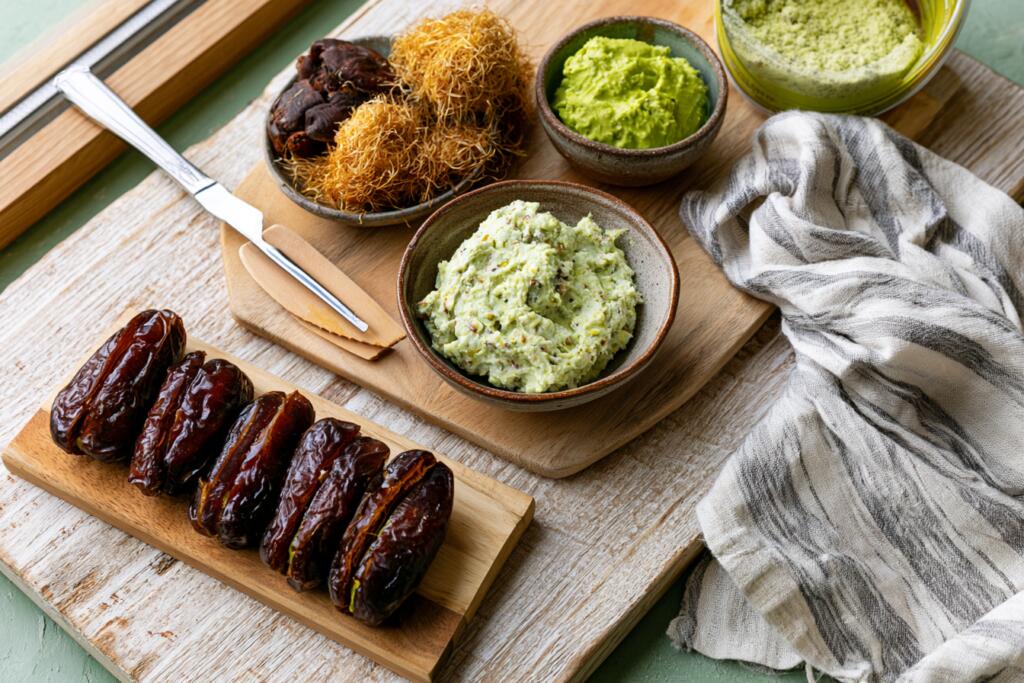 Preparing Dubai chocolate protein stuffed dates — Medjool dates, pistachio filling and tools
