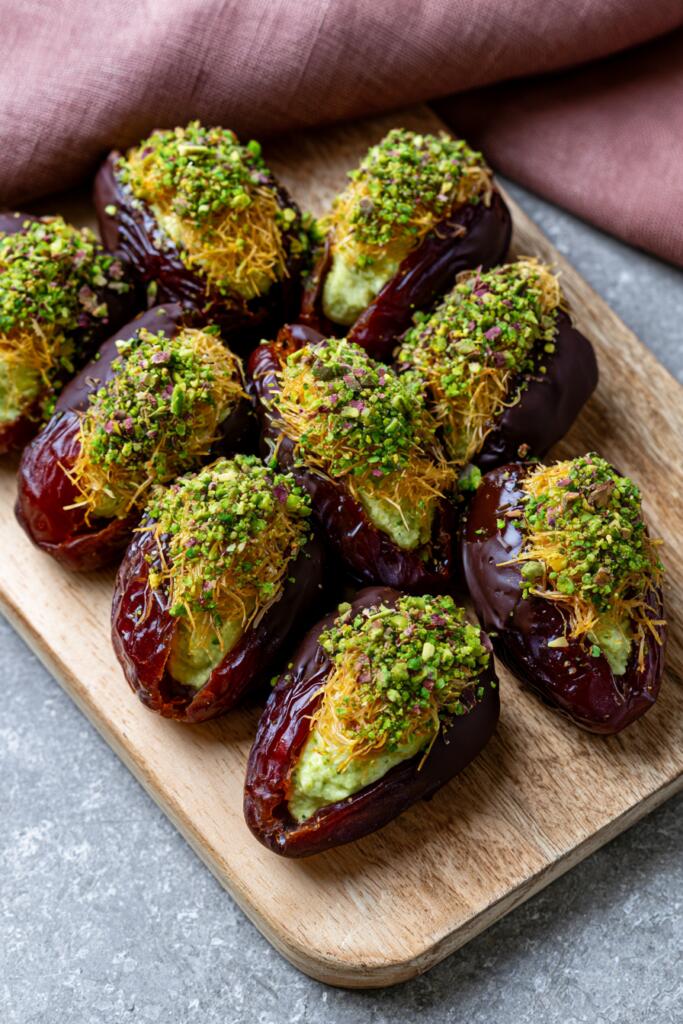 Dubai chocolate protein stuffed dates with pistachio kataifi