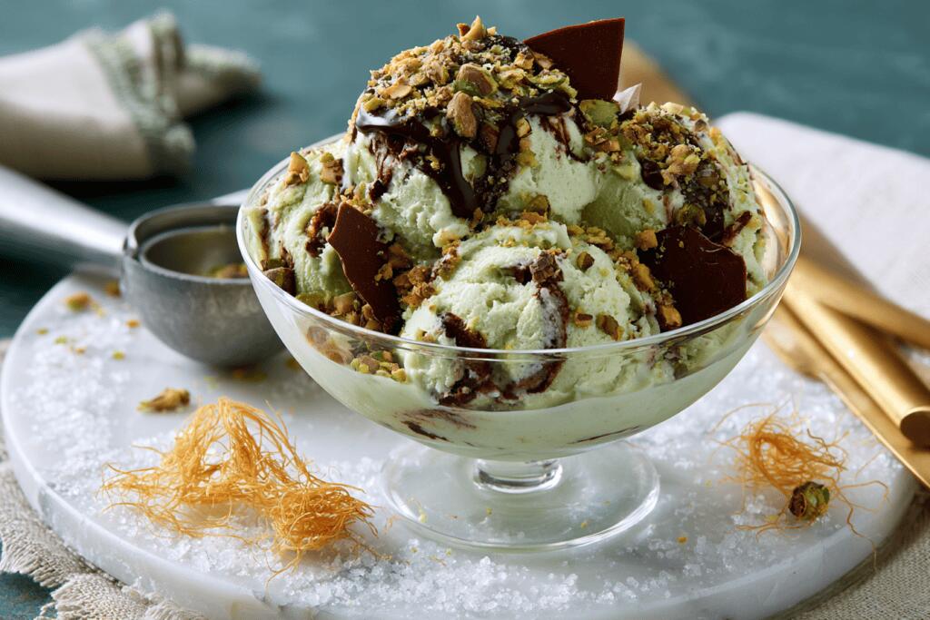 Close-up of Dubai chocolate pistachio gelato in a glass coupe with kataifi crunch and dark chocolate