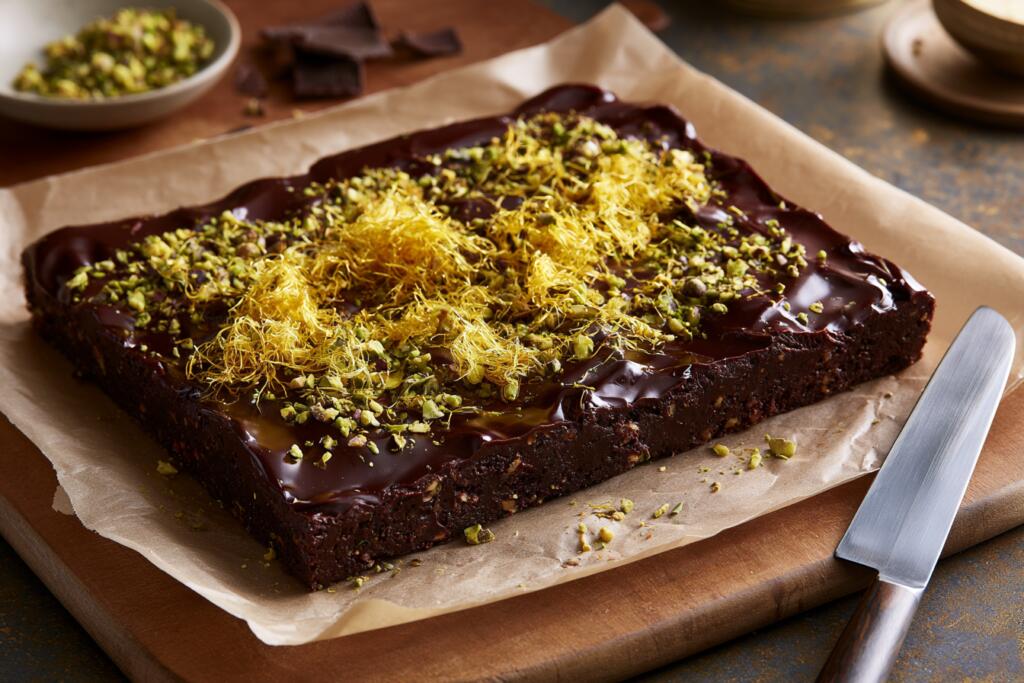 Set slab of Dubai chocolate protein bars ready to be sliced
