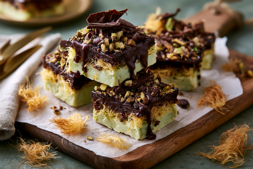 Stacked Dubai chocolate protein bars with pistachio kataifi filling and dark chocolate coating