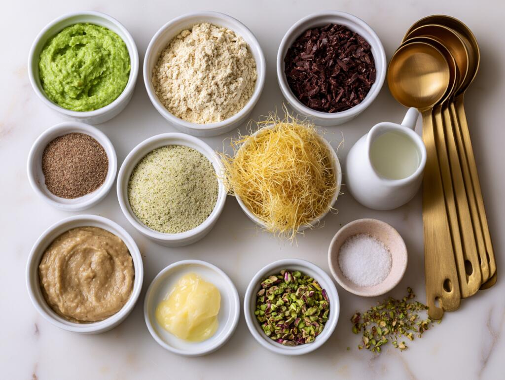 Ingredients for Dubai chocolate protein bars laid out in small bowls — overhead flat lay