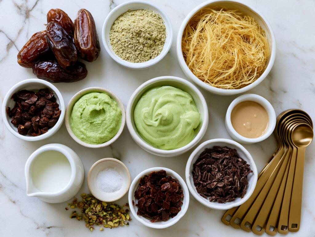 Ingredients for Dubai chocolate protein stuffed dates laid out in small bowls — overhead flat lay