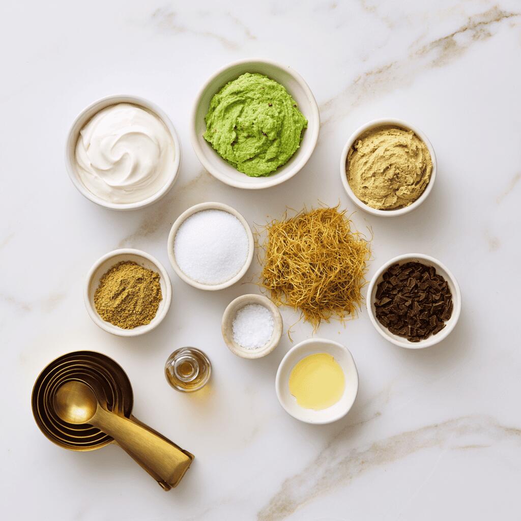 Ingredients for Dubai chocolate pistachio gelato laid out in small bowls  overhead flat lay