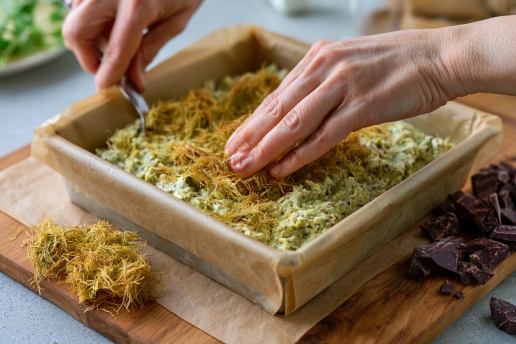 Pressing pistachio kataifi protein filling into a parchment-lined pan