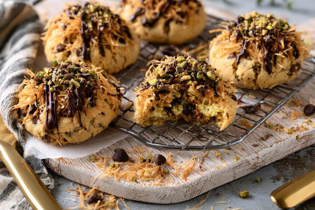 Baked Dubai chocolate protein cookies with pistachio center and kataifi topping