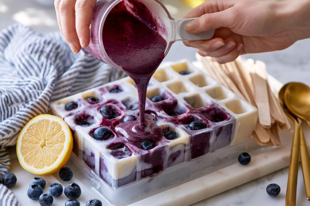 Pouring deep indigo blueberry protein mixture into popsicle mold with whole berries visible