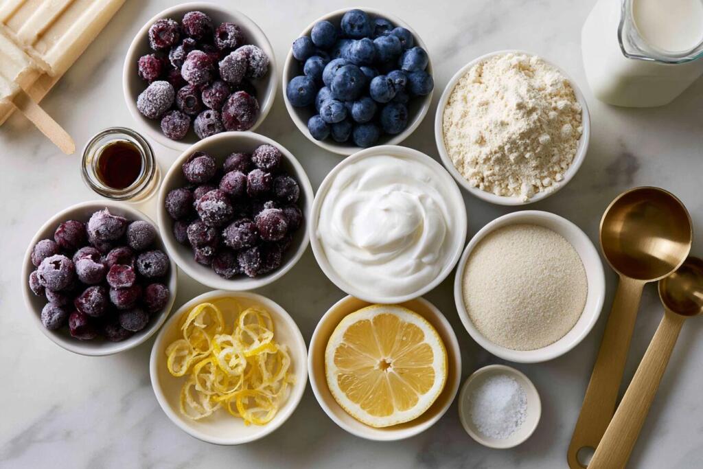 Ingredients for blueberry protein popsicles laid out in small bowls, overhead flat lay