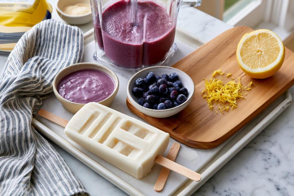 Preparing blueberry protein popsicles with blender, popsicle mold and wild blueberries