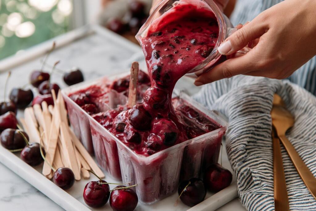 Pouring deep cherry red protein mixture with chocolate flecks into popsicle mold