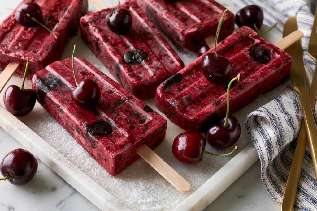 Cherry protein popsicles on a chilled tray with dark chocolate flecks and fresh cherries