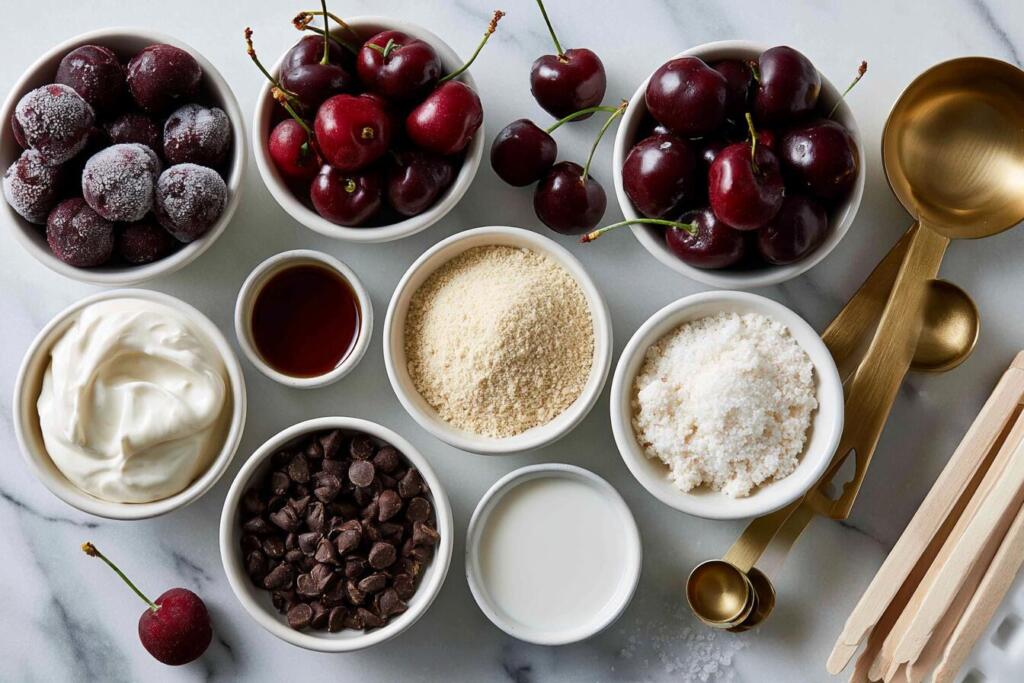Ingredients for cherry protein popsicles laid out in small bowls, overhead flat lay