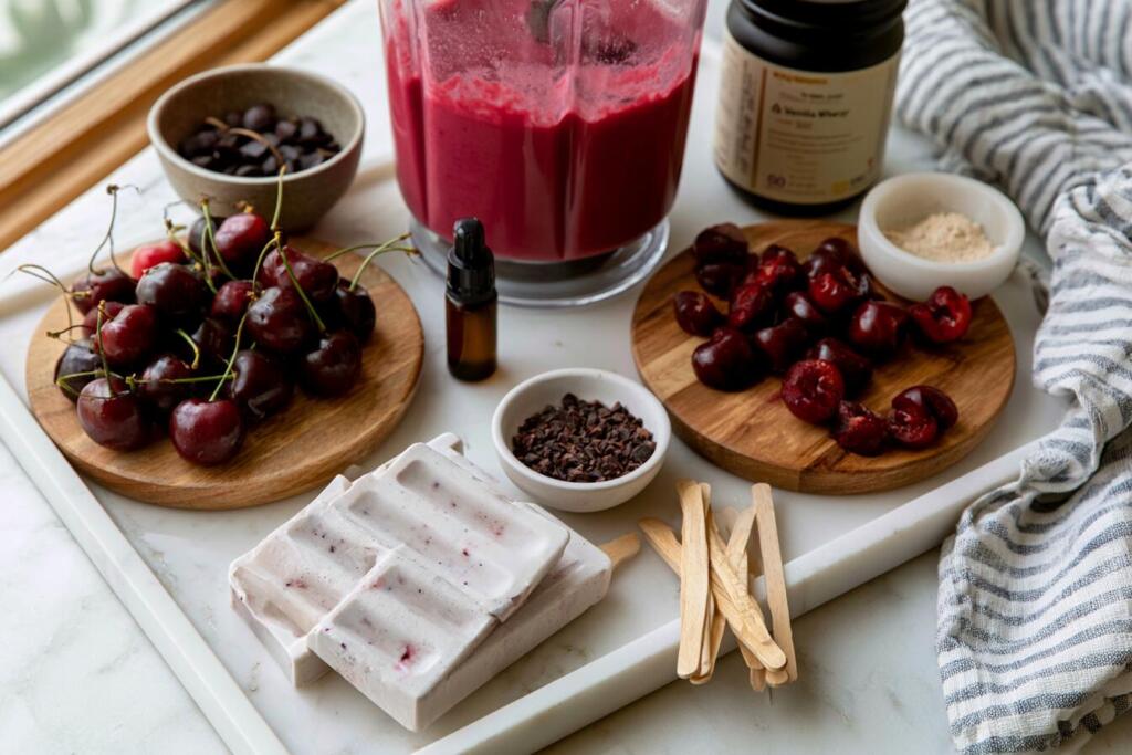 Preparing cherry protein popsicles with blender, popsicle mold and dark cherries