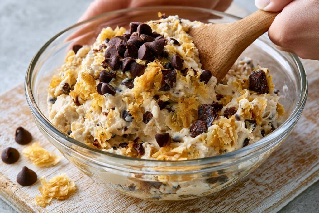 Mixing protein cookie dough with chocolate chips and torn croissant pieces