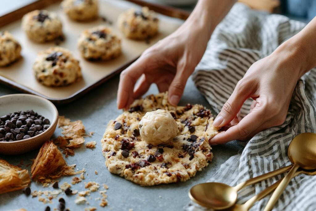 Wrapping protein crookie dough around frozen edible cookie dough ball for stuffed crookie