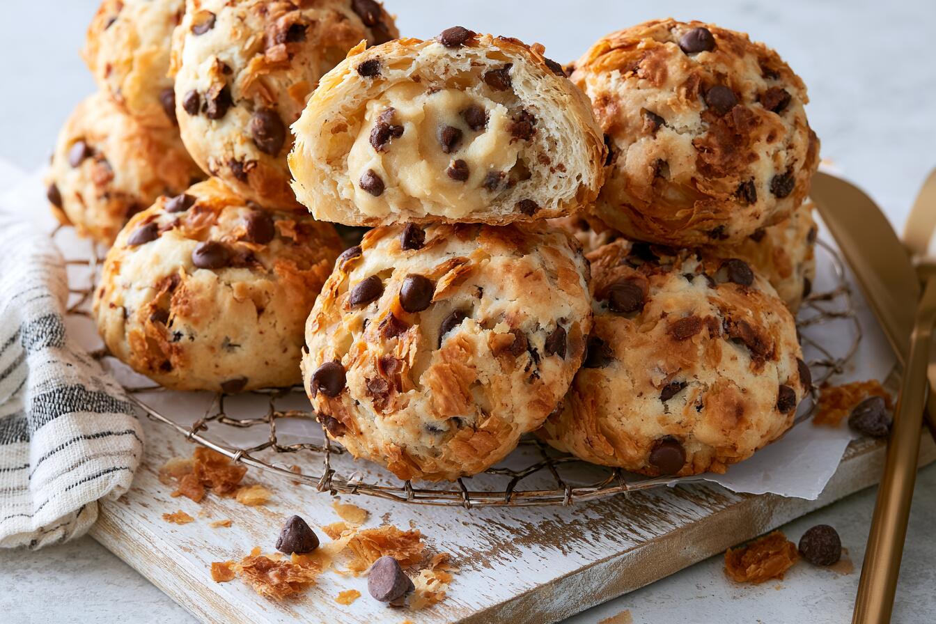 Plated cookie dough stuffed crookies with gooey center and croissant flake texture