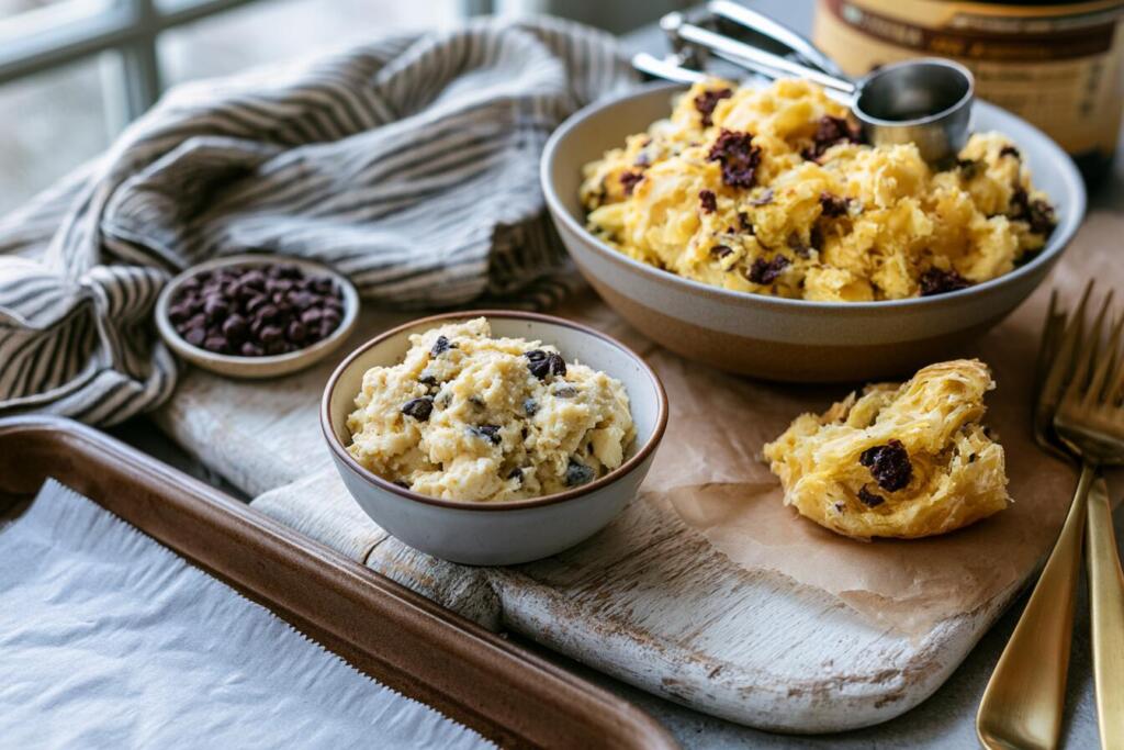 Preparing cookie dough stuffed crookie — outer dough, edible cookie dough filling and torn croissant