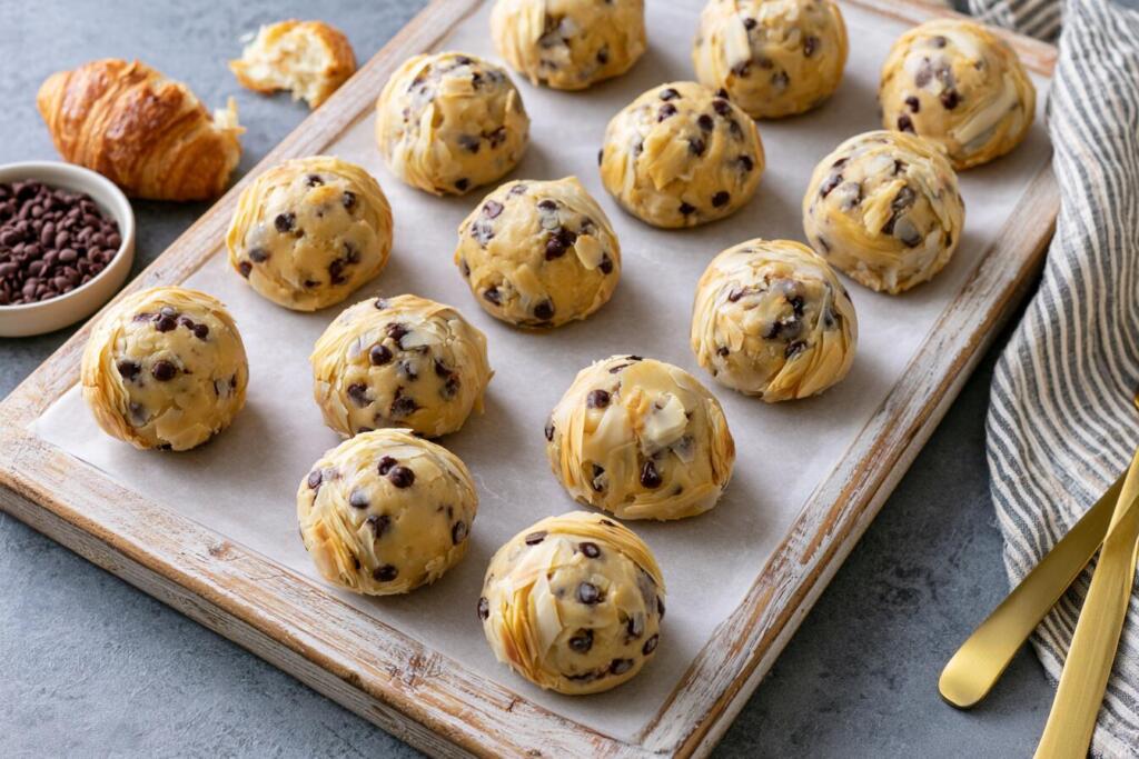 Unbaked cookie dough stuffed crookies on a baking sheet ready for the oven