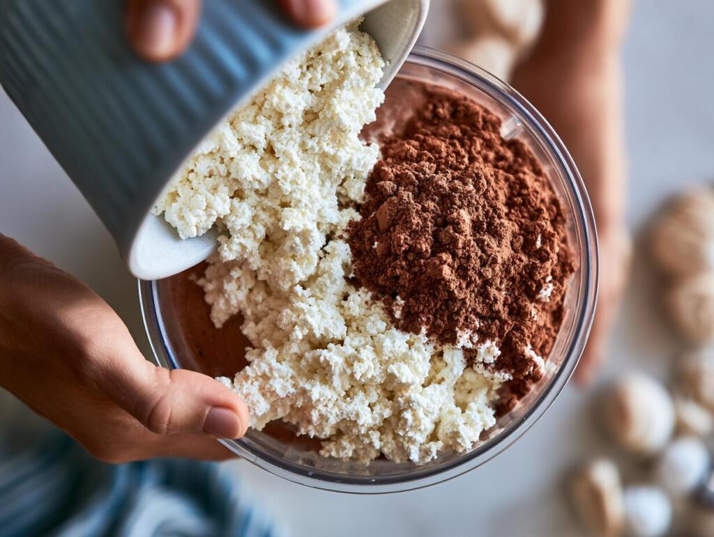Blending cottage cheese and cocoa powder into smooth chocolate mousse