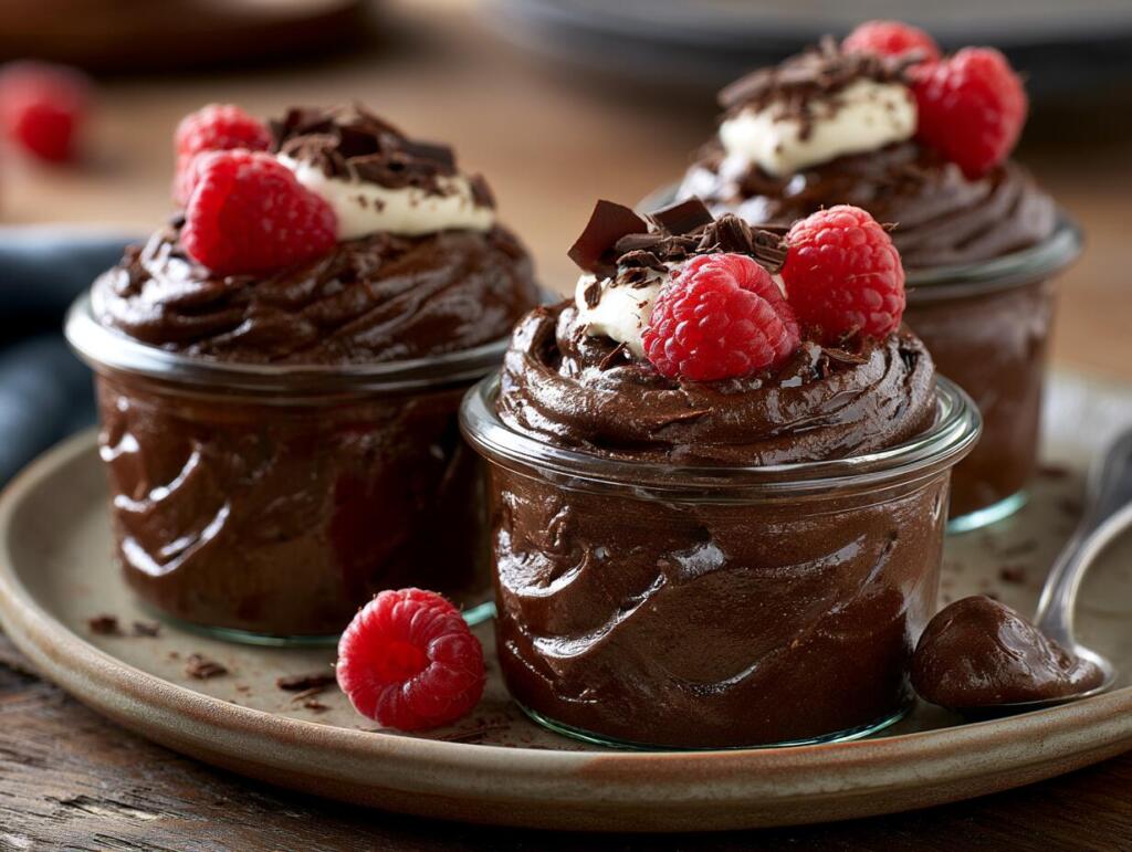 Cottage cheese chocolate mousse in glass jars topped with whipped cream and chocolate shavings