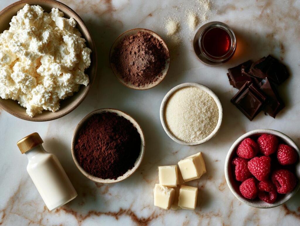 Ingredients for cottage cheese chocolate mousse, cottage cheese, cocoa powder and dark chocolate