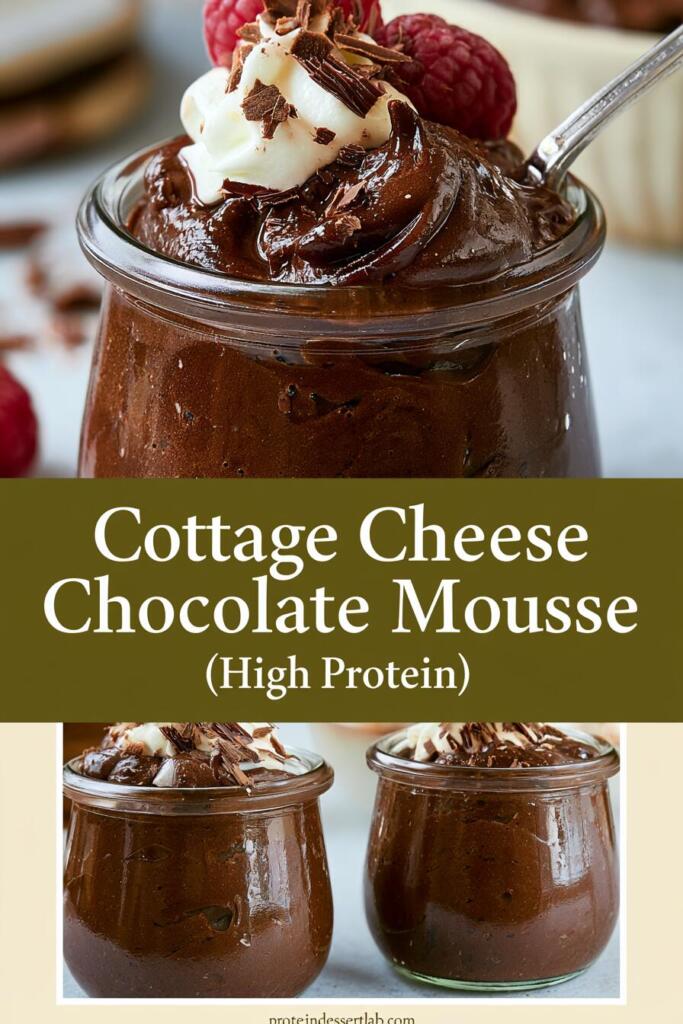 High protein cottage cheese chocolate mousse in a jar, creamy blended dessert topped with chocolate shavings