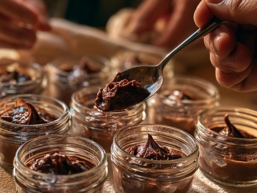 Spooning thick cottage cheese chocolate mousse into small glass jars