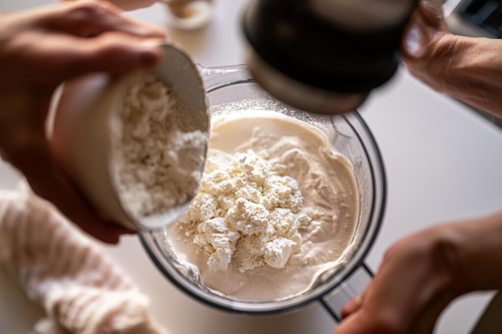 Blending cottage cheese into a smooth base for high protein ice cream