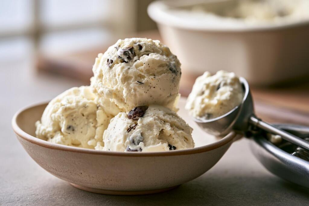 Creamy scoops of high protein cottage cheese ice cream in a bowl with chocolate chips