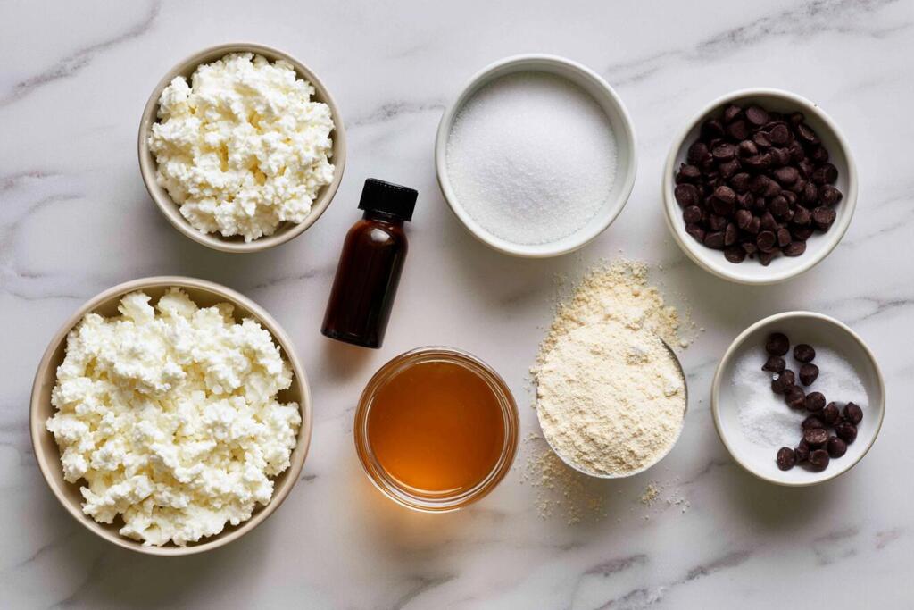 Ingredients for cottage cheese ice cream, cottage cheese, allulose, vanilla and chocolate chips