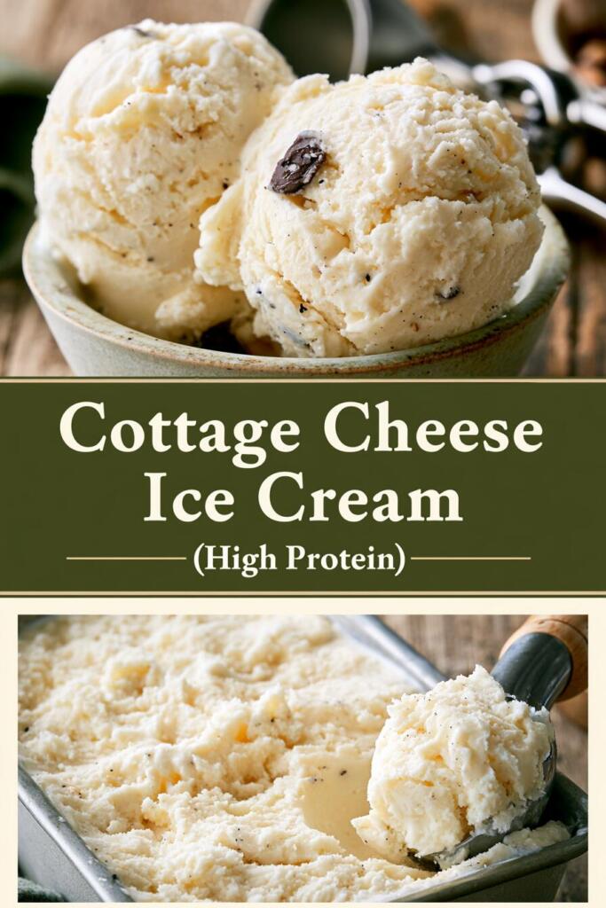 High protein cottage cheese ice cream, creamy blended frozen dessert scooped into a bowl