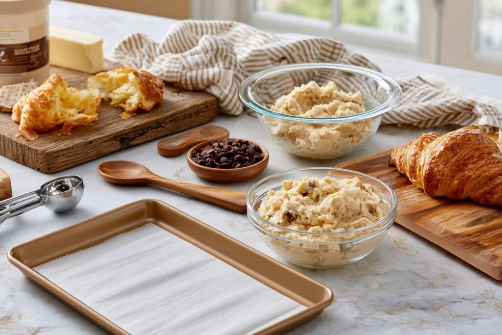 Preparing protein crookies — baking sheet, cookie dough, torn croissant pieces and tools