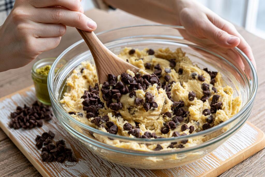 Mixing Dubai chocolate cookie dough with sugar-free chocolate chips