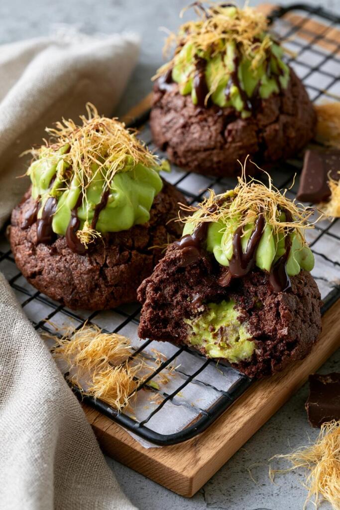 VIRAL Dubai chocolate cookies with pistachio cream center and toasted kataifi topping high-protein recipe