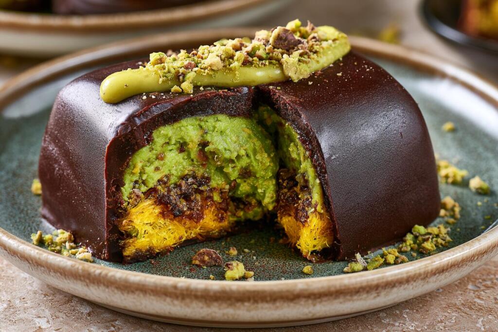 Dubai chocolate bar broken open showing pistachio cream and crispy kataifi filling, high protein