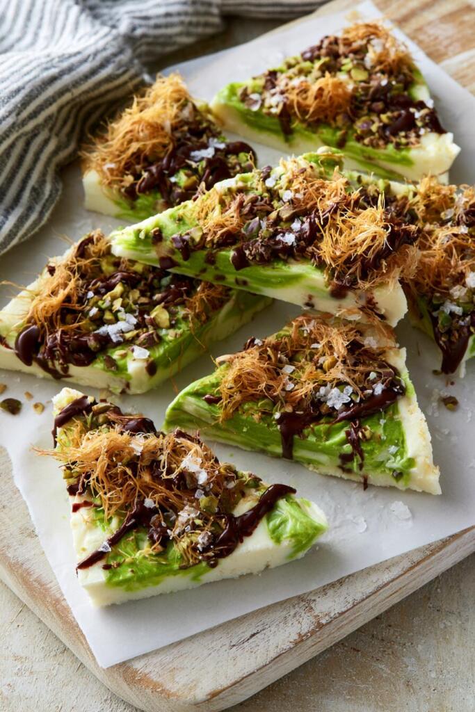 VIRAL Dubai chocolate protein bark with pistachio cream swirl, kataifi and dark chocolate high-protein no-bake recipe