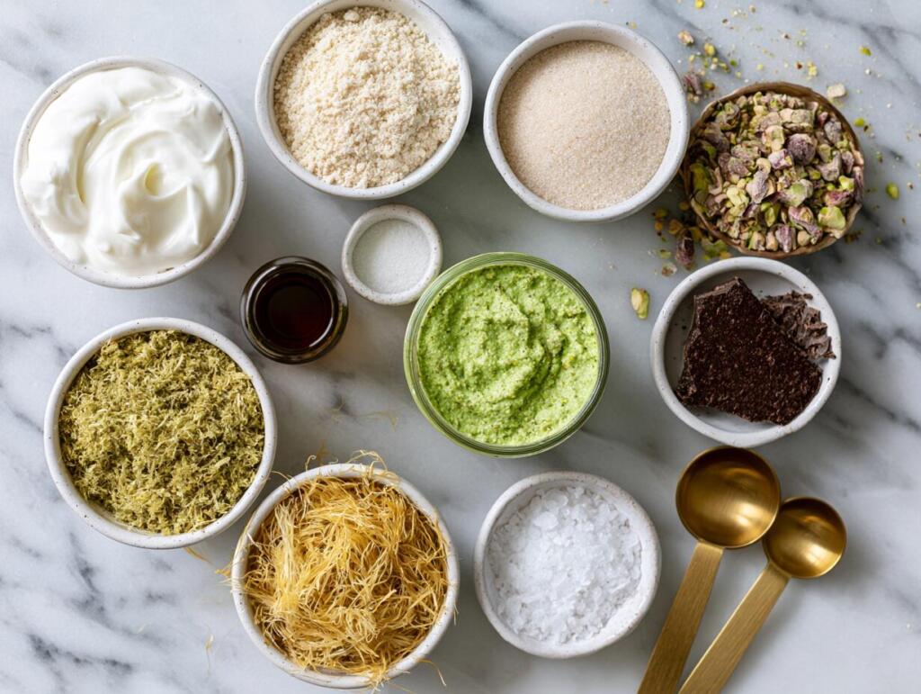 Ingredients for Dubai chocolate protein bark laid out in small bowls — overhead flat lay