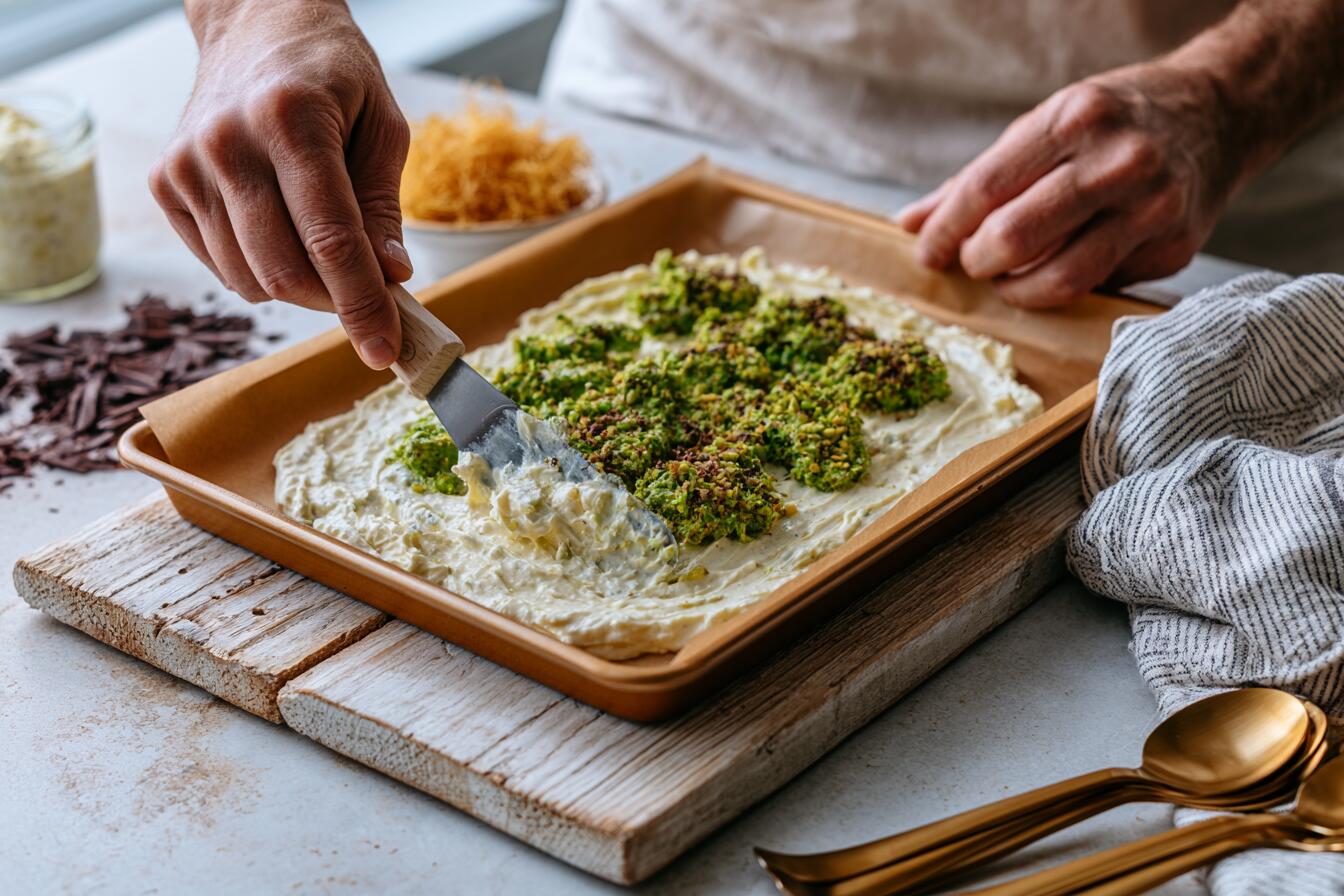 Spreading protein yogurt and swirling pistachio cream for Dubai chocolate protein bark