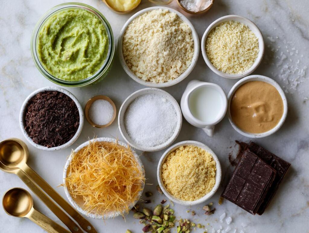 Ingredients for Dubai chocolate protein bites laid out in small bowls — overhead flat lay