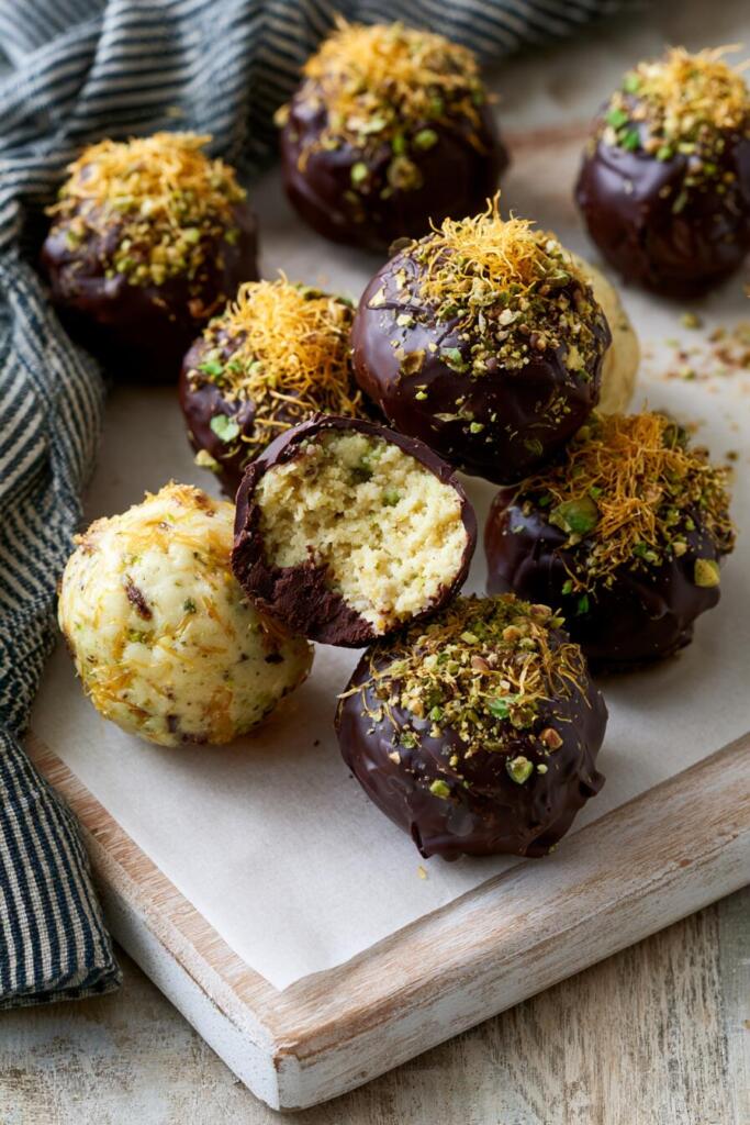 VIRAL Dubai chocolate protein bites with pistachio kataifi filling — portable high-protein gym snack