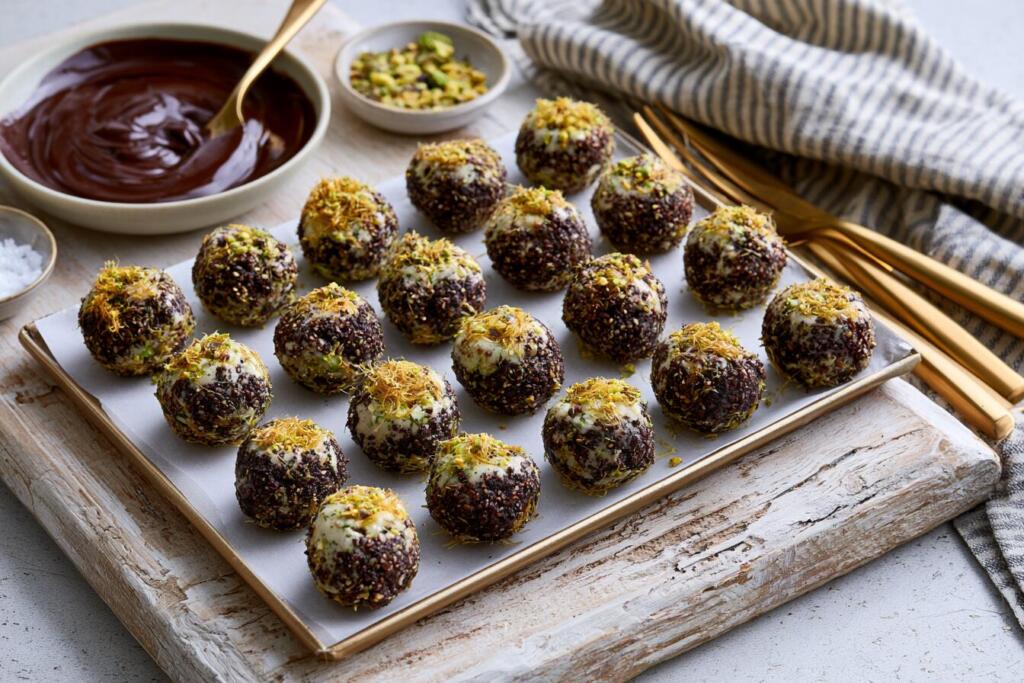 Rolled Dubai chocolate protein bites on parchment before chocolate coating