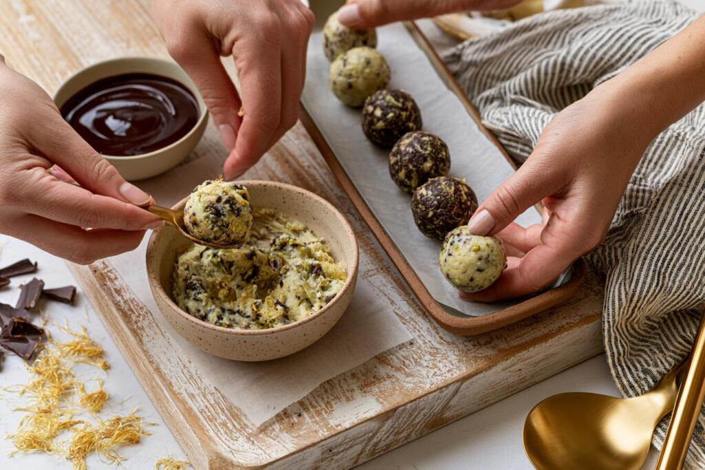 Rolling Dubai chocolate protein bites by hand with kataifi filling visible