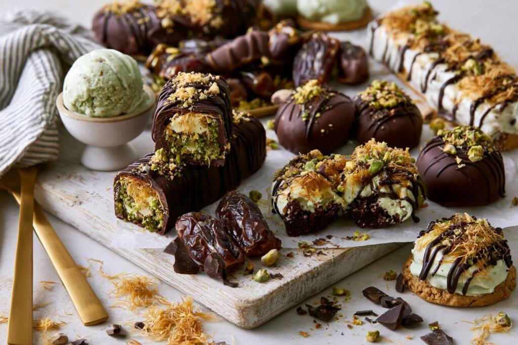 Collection of 9 Dubai chocolate protein desserts with pistachio cream, kataifi and dark chocolate