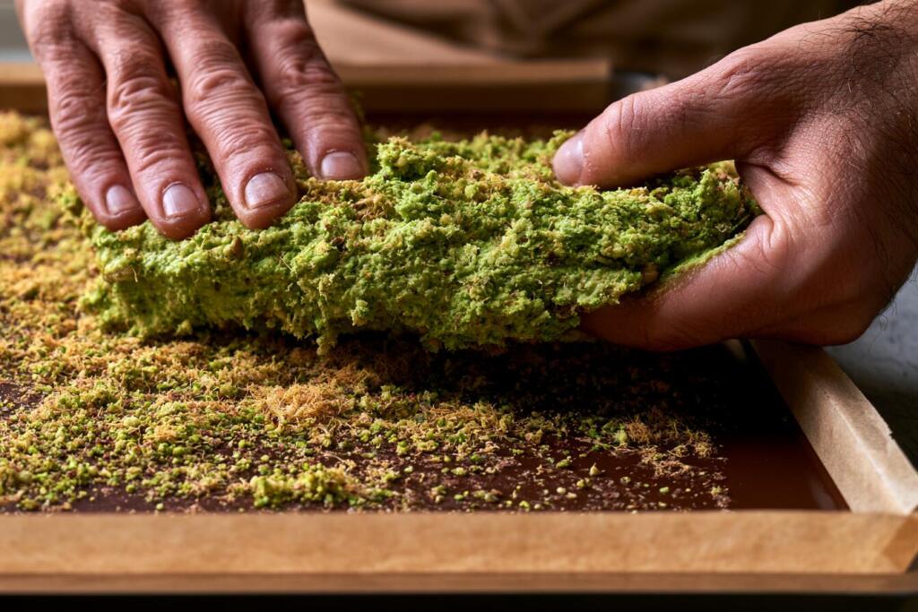 Spreading pistachio kataifi filling onto the chocolate base for Dubai chocolate