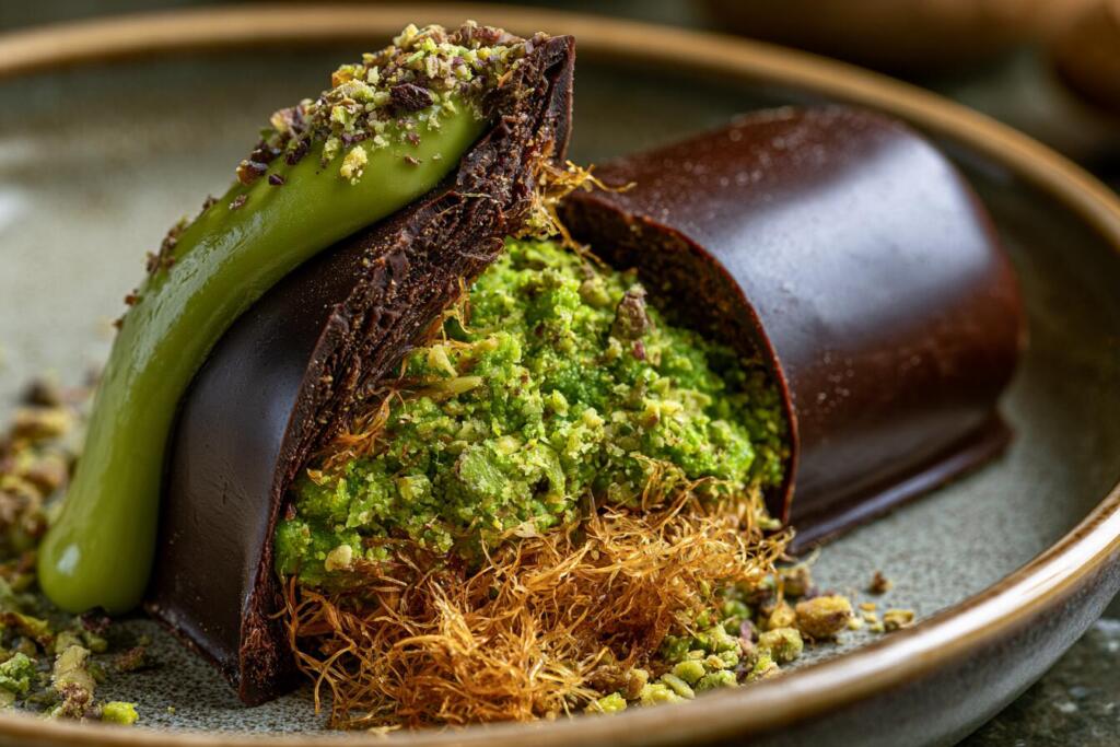 Finished Dubai chocolate bar drizzled with pistachio and crushed pistachios before serving