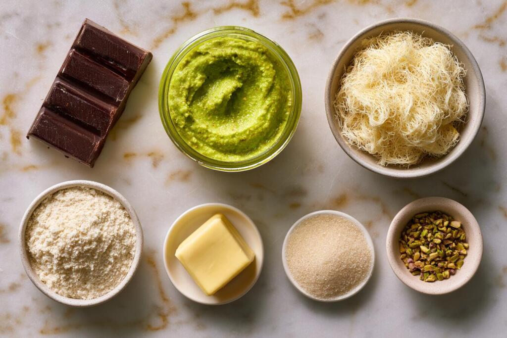 Ingredients for Dubai chocolate, dark chocolate, pistachio butter, kataifi and whey protein
